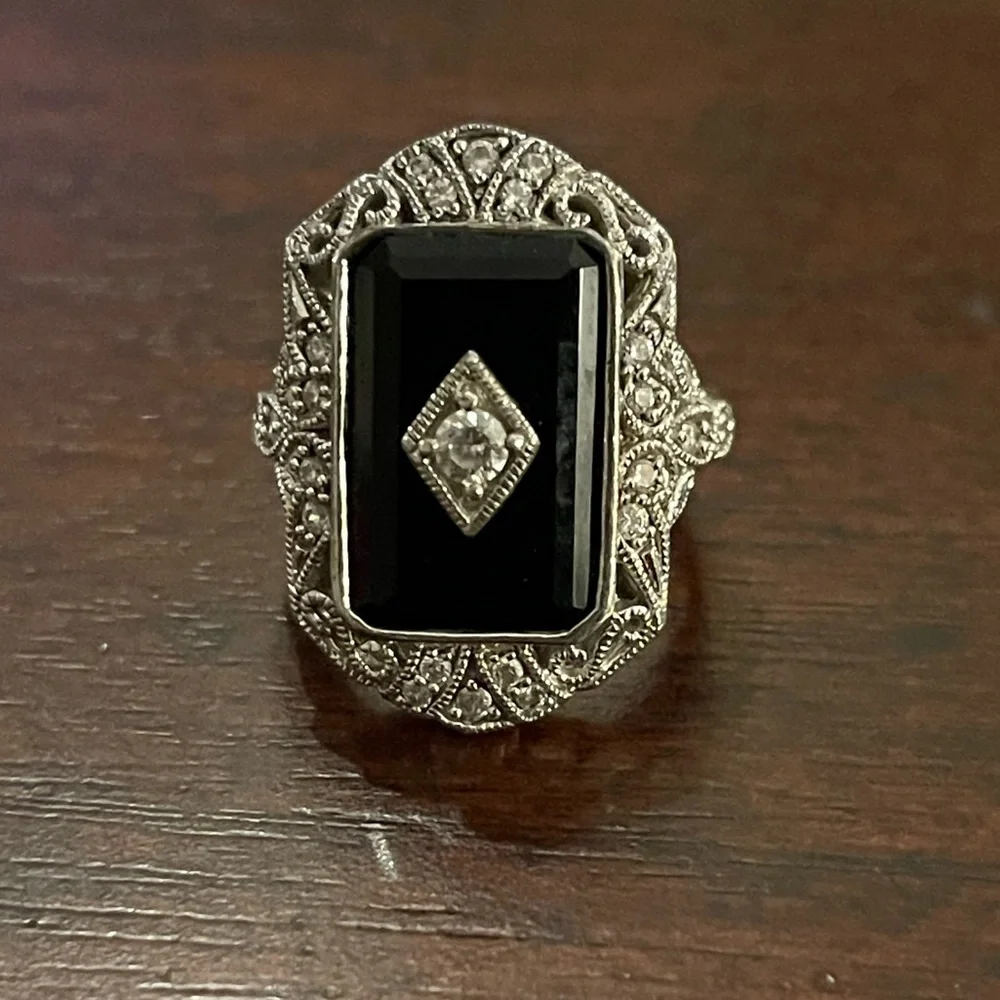 Art Deco style black onyx diamanté crystal sterling silver size 5.0 ring - Picture 4 of 11